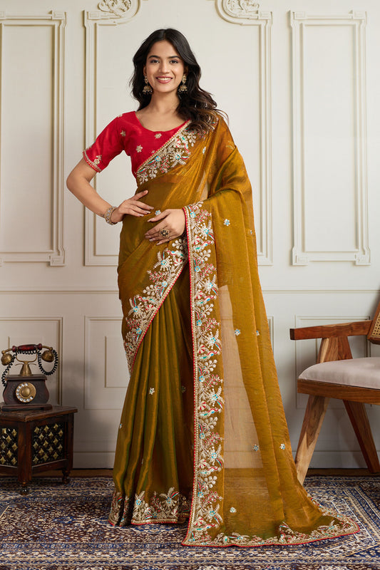 Olive Green Embroidered Silk Saree with Red Blouse