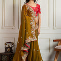 Olive Green Embroidered Silk Saree with Red Blouse