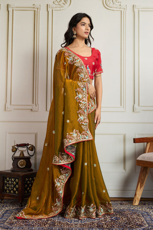Olive Green Embroidered Silk Saree with Red Blouse