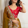 Olive Green Embroidered Silk Saree with Red Blouse
