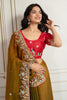 Olive Green Embroidered Silk Saree with Red Blouse