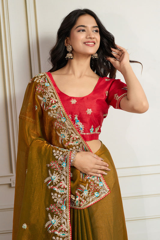 Olive Green Embroidered Silk Saree with Red Blouse