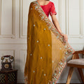 Olive Green Embroidered Silk Saree with Red Blouse