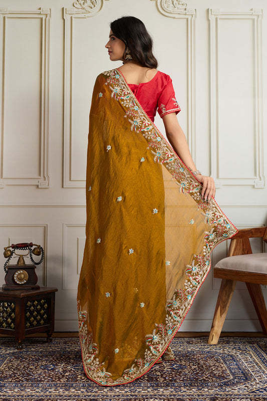 Olive Green Embroidered Silk Saree with Red Blouse