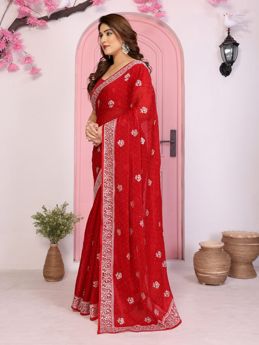 Elegant Red Embroidered Saree with Blouse Party Wear