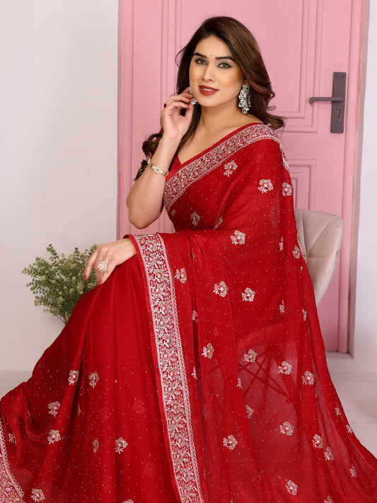 Elegant Red Embroidered Saree with Blouse Party Wear