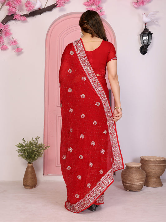 Elegant Red Embroidered Saree with Blouse Party Wear