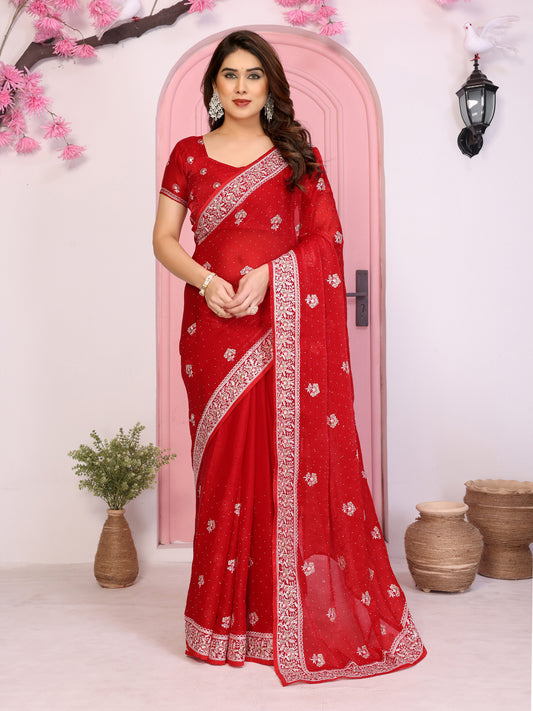 Elegant Red Embroidered Saree with Blouse Party Wear