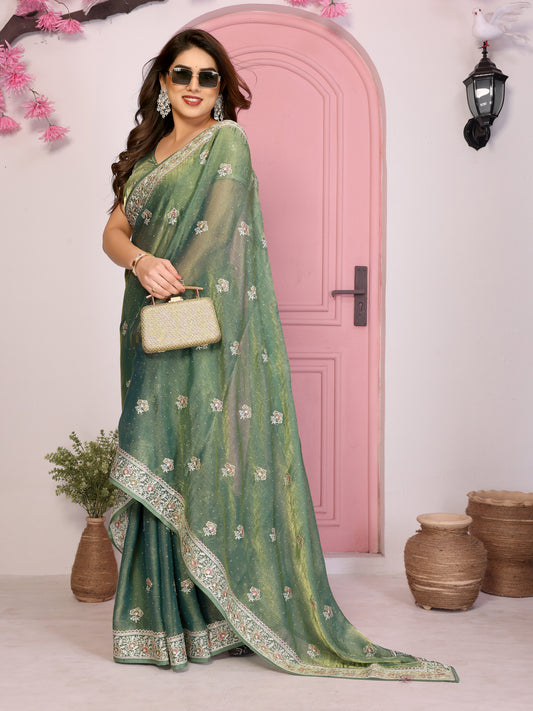 Designer Green Embroidered Saree with Blouse Party Wear