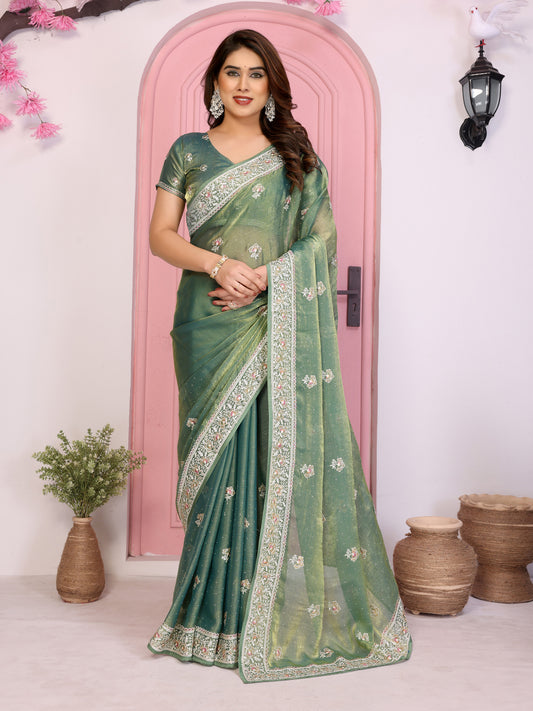 Designer Green Embroidered Saree with Blouse Party Wear 
