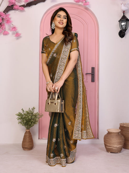Designer Brown Embroidered Saree with Blouse Party Wear