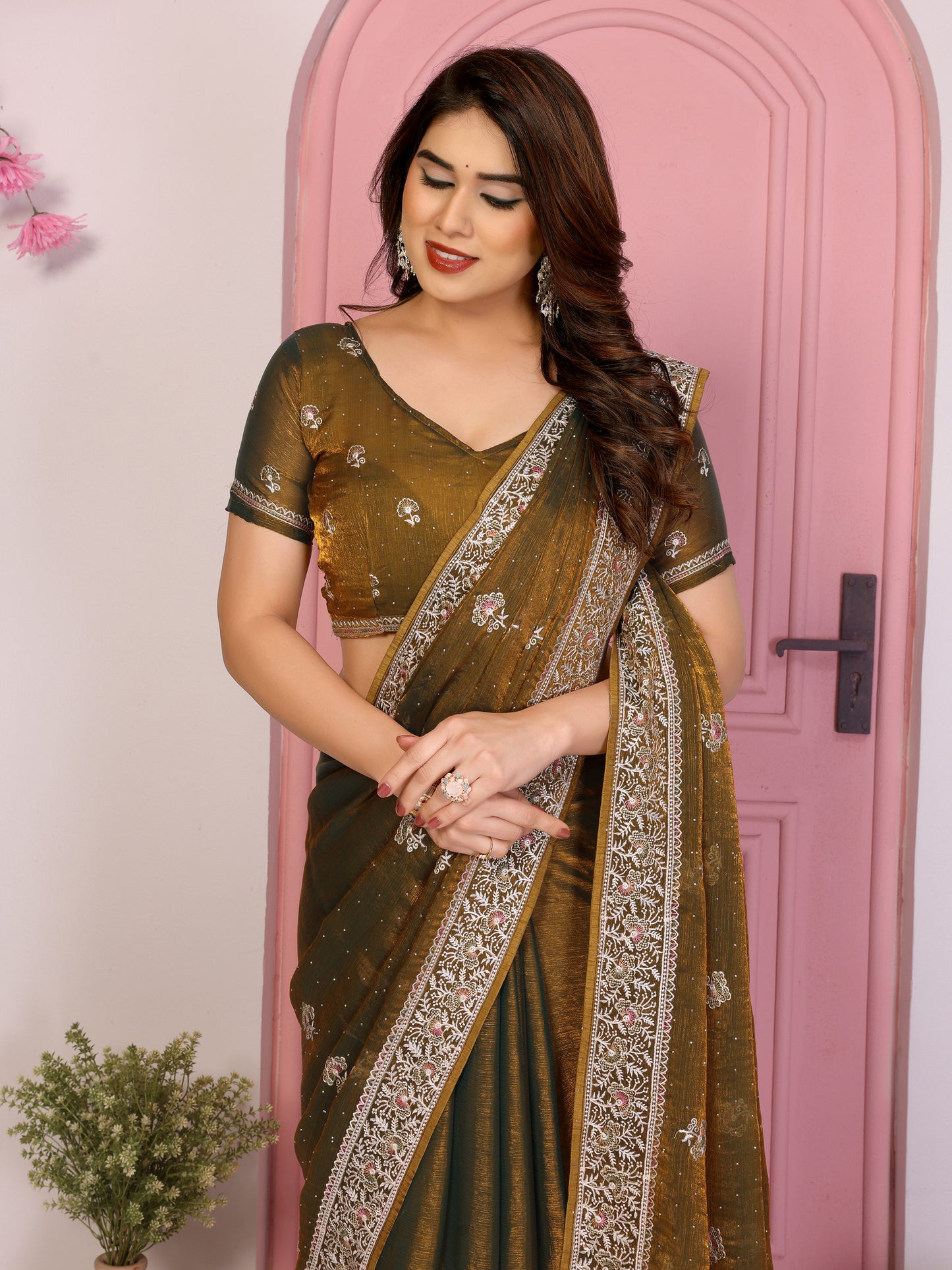 Designer Brown Embroidered Saree with Blouse Party Wear