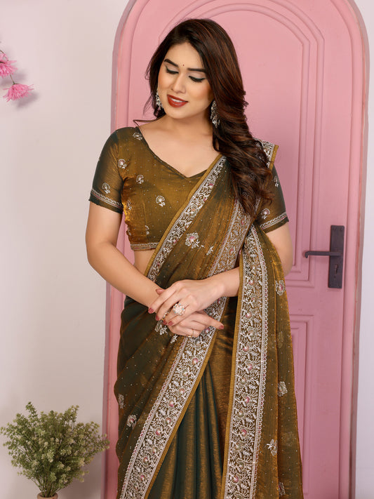 Designer Brown Embroidered Saree with Blouse Party Wear