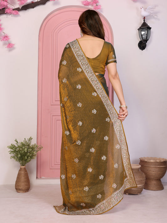 Designer Brown Embroidered Saree with Blouse Party Wear