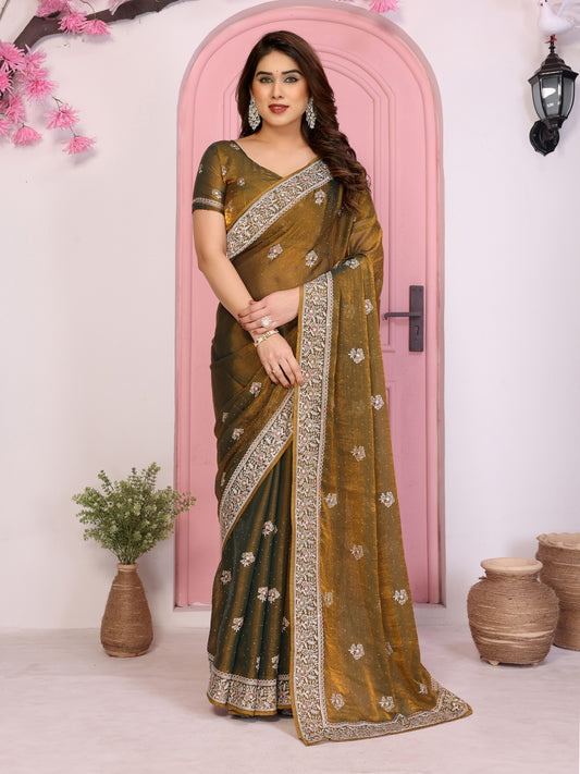 Designer Brown Embroidered Saree with Blouse Party Wear