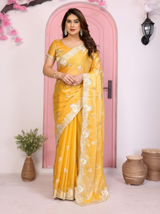 Designer Yellow Embroidered Saree with Blouse Party Wear