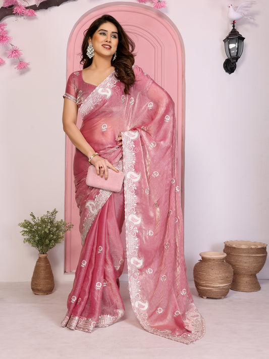 Designer Pink Embroidered Saree with Blouse Party Wear