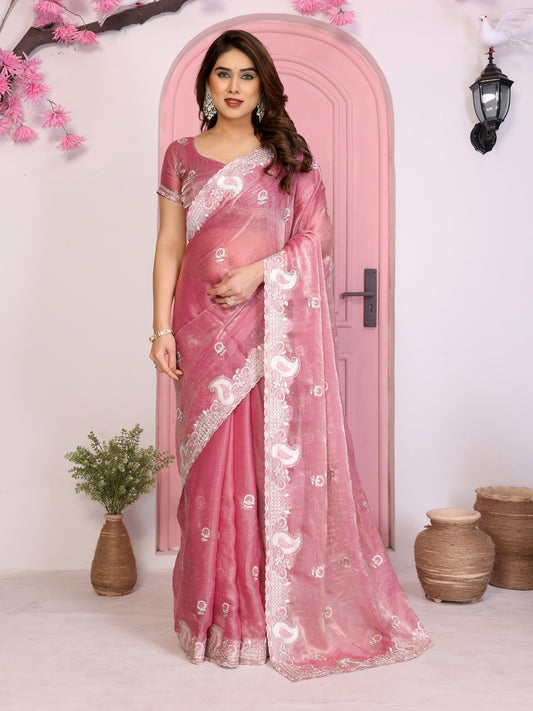 Designer Pink Embroidered Saree with Blouse Party Wear