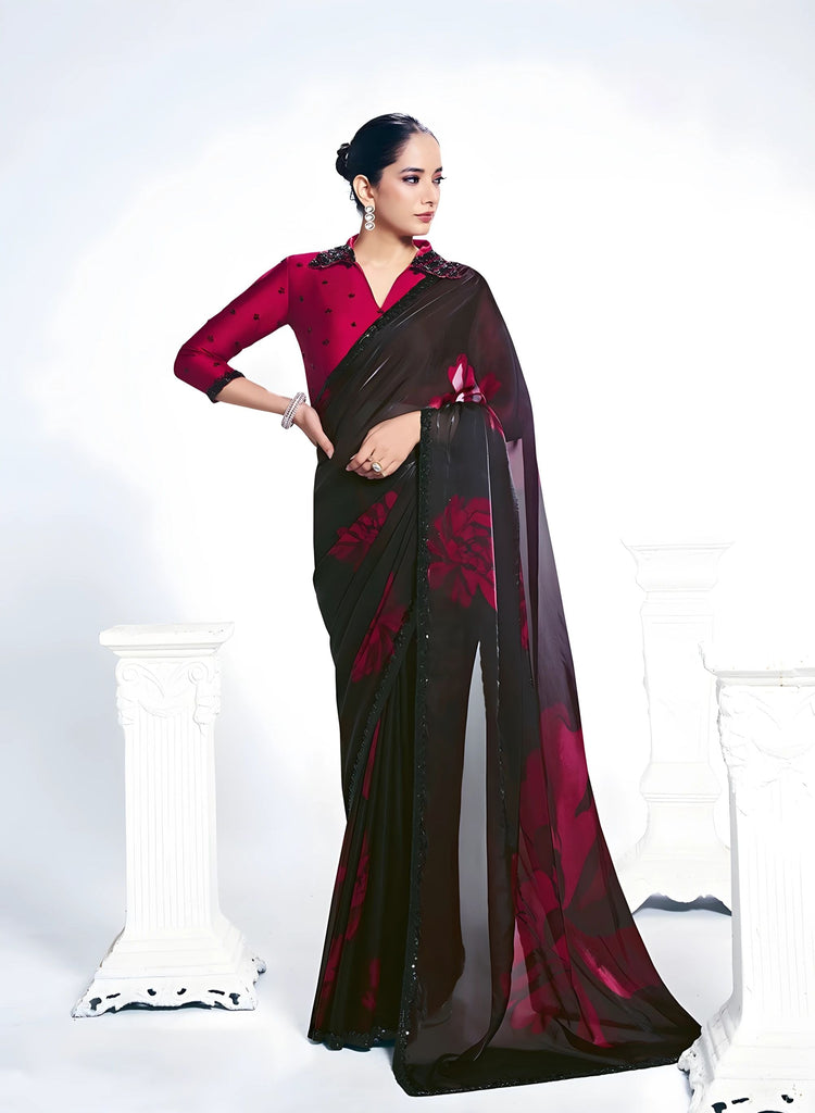 Elegant Black Maroon Saree Blouse Party Wear