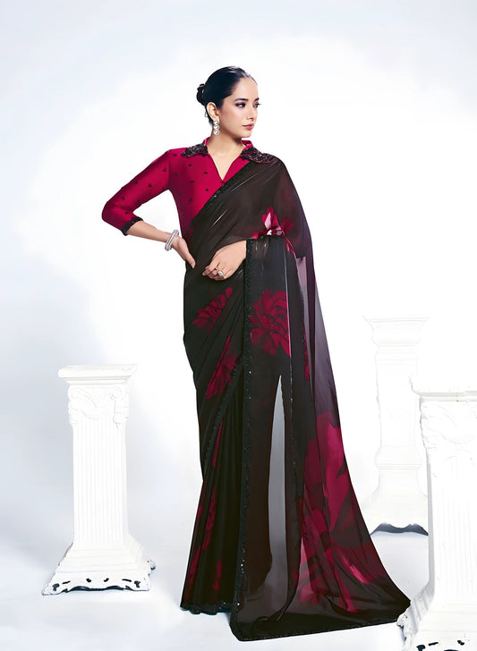 Elegant Black Maroon Saree Blouse Party Wear