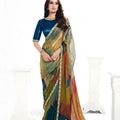 Designer Multicolor Saree with Blue Velvet Blouse Party Wear