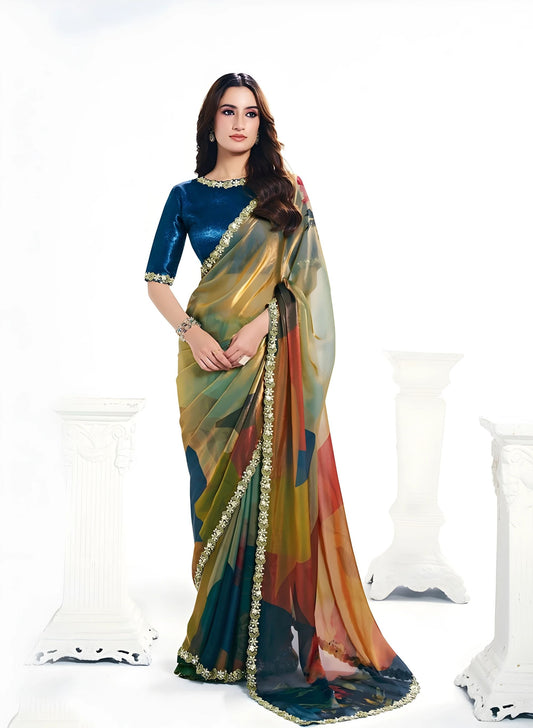 Designer Multicolor Saree with Blue Velvet Blouse Party Wear