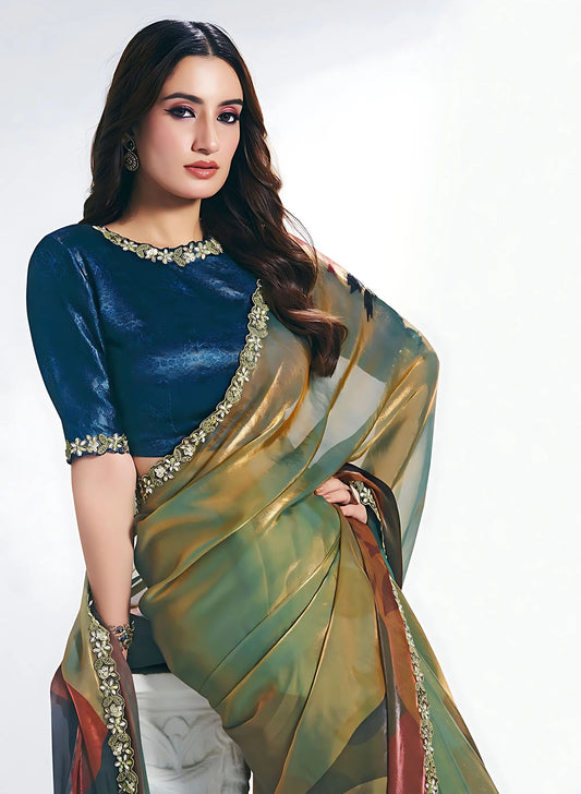 Designer Multicolor Saree with Blue Velvet Blouse Party Wear