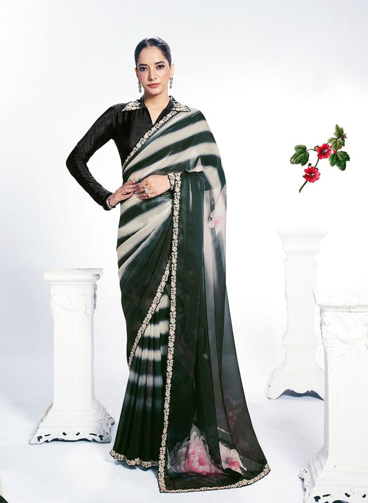 Elegant Black White Striped Saree Black Blouse Party Wear