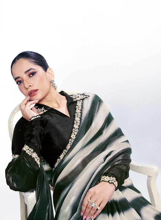 Elegant Black White Striped Saree Black Blouse Party Wear