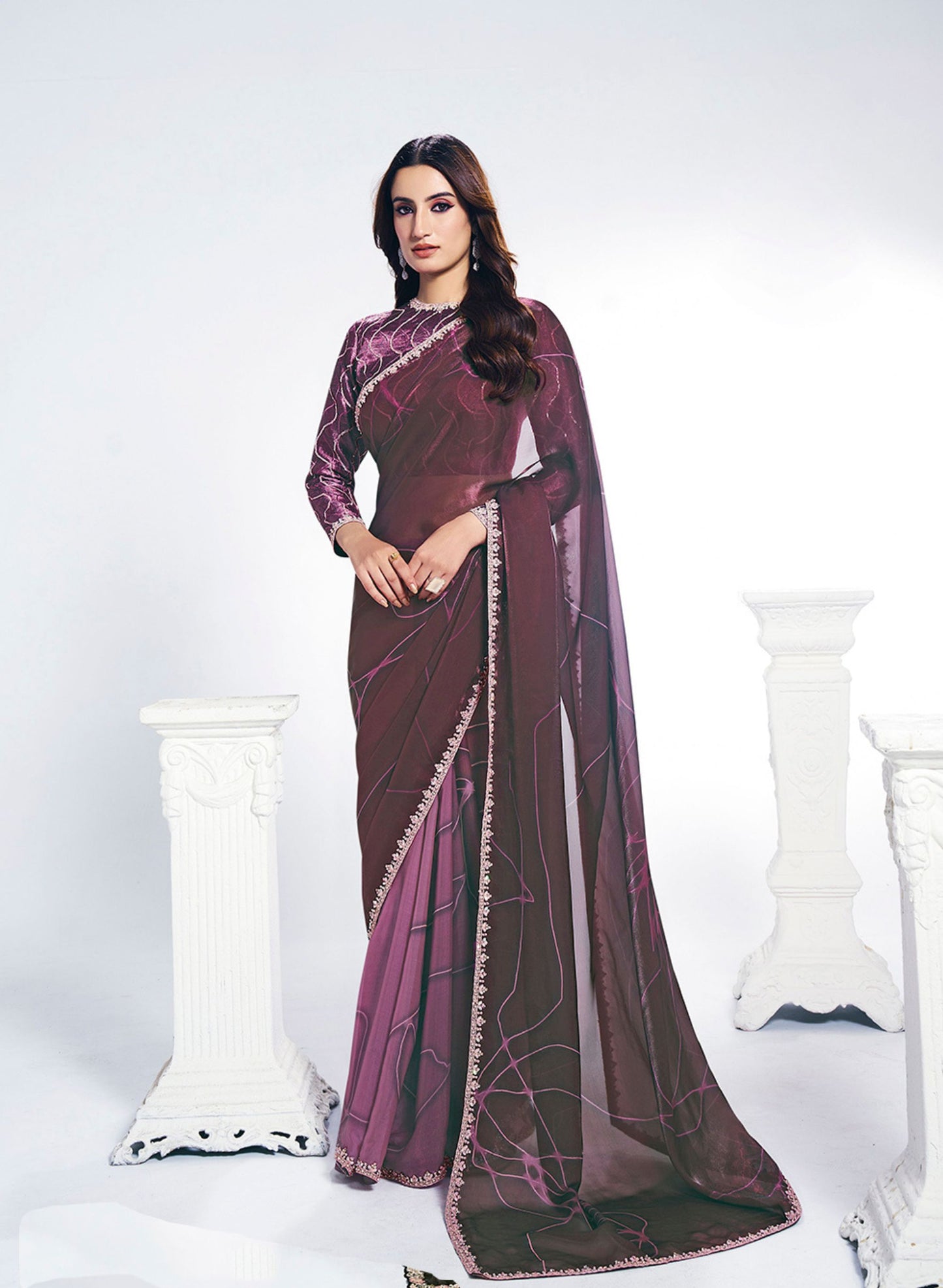 Elegant Wine Pink Saree with Border and Matching Blouse Party Wear