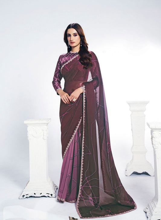 Elegant Wine Pink Saree with Border and Matching Blouse Party Wear
