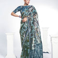 Stylish Grey Blue Saree Border and Matching Blouse Party  Wear