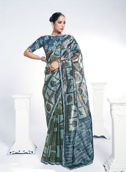 Stylish Grey Blue Saree Border and Matching Blouse Party  Wear