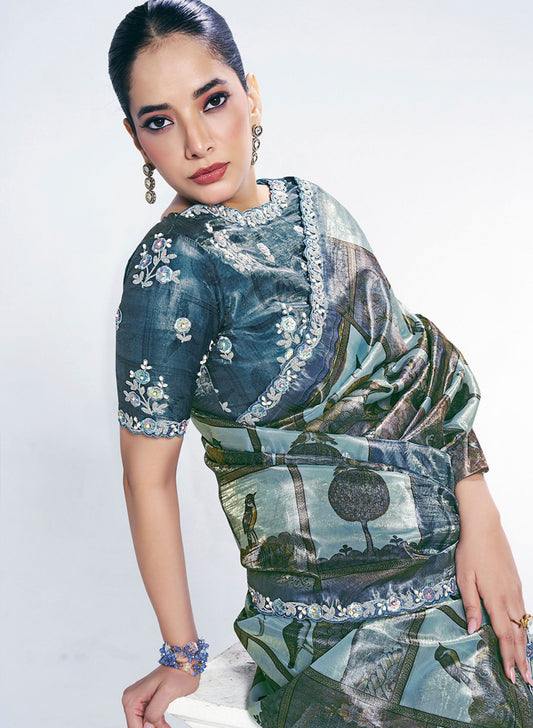 Stylish Grey Blue Saree Border and Matching Blouse Party  Wear