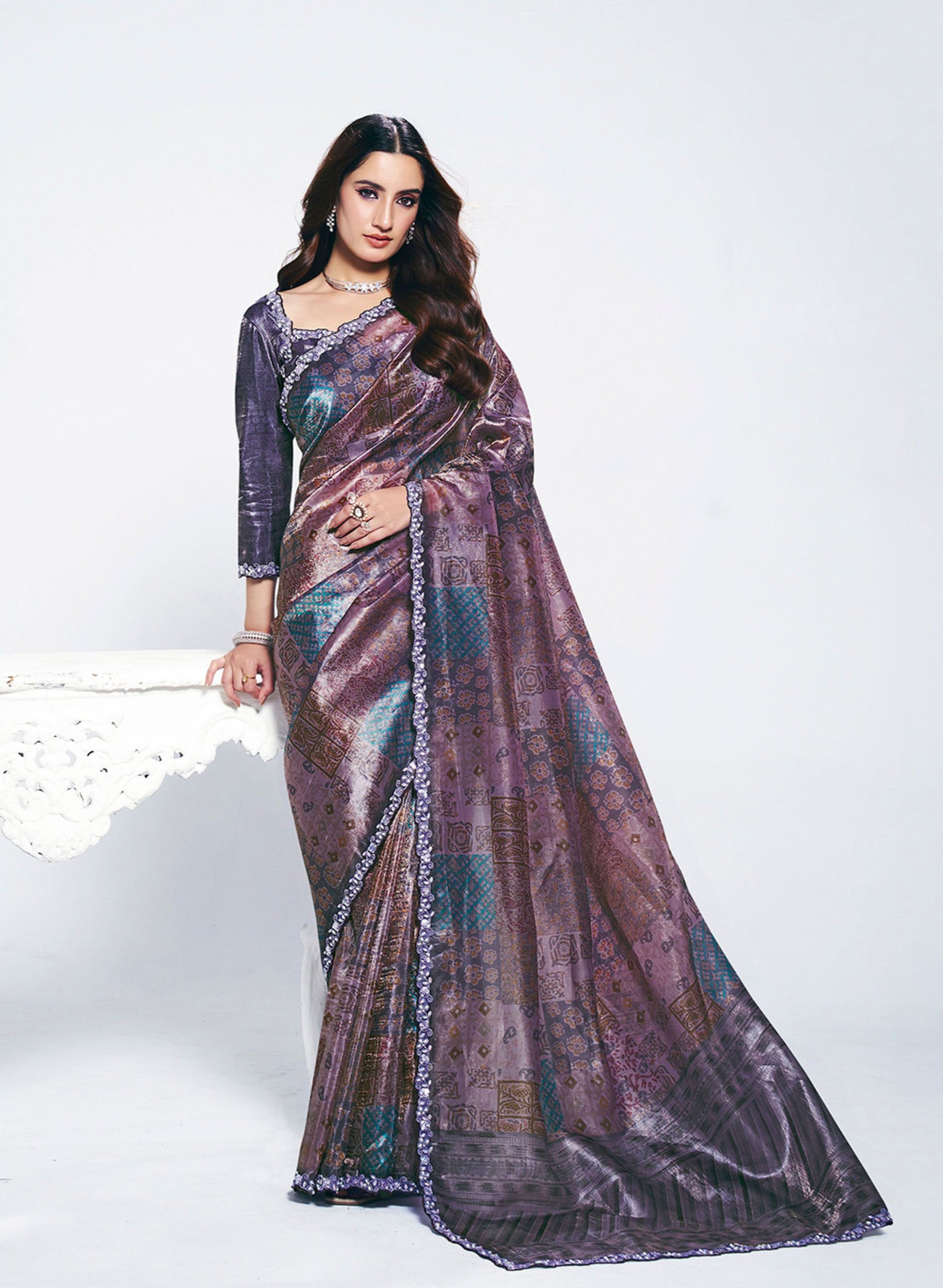 Designer Purple Saree with Matching Blouse  Elegant Party Wear