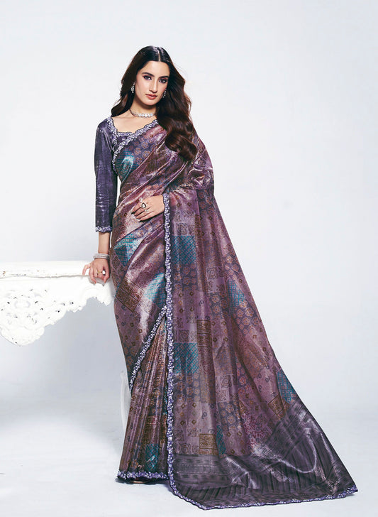 Designer Purple Saree with Matching Blouse  Elegant Party Wear