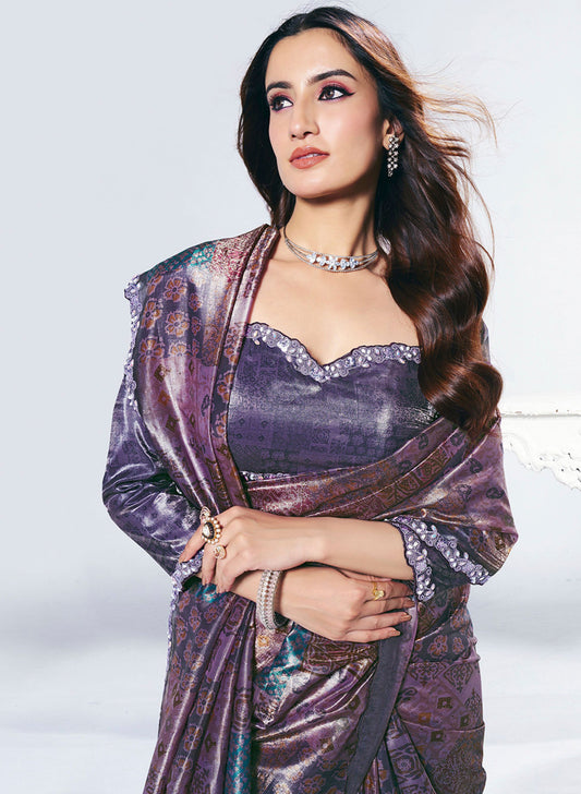 Designer Purple Saree with Matching Blouse  Elegant Party Wear