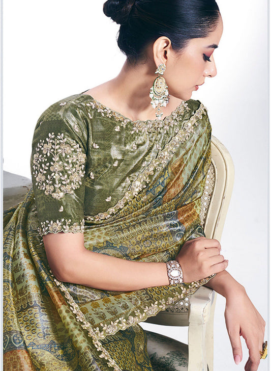 Elegant Green Saree with Designer Blouse Piece Party Wear Saree