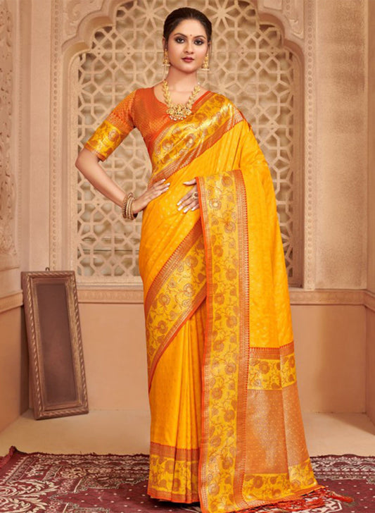 Traditional Yellow Banarasi Silk Saree Blouse Piece