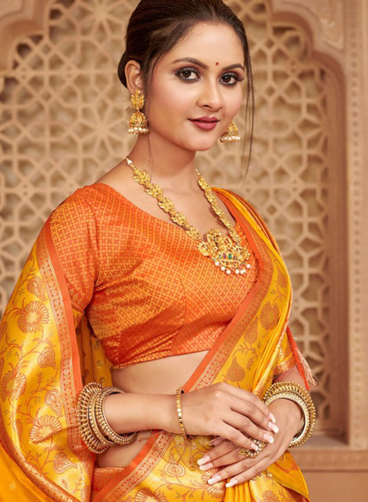 Traditional Yellow Banarasi Silk Saree Blouse Piece