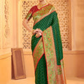 Elegant Green Banarasi Silk Saree Red Blouse Piece Perfect