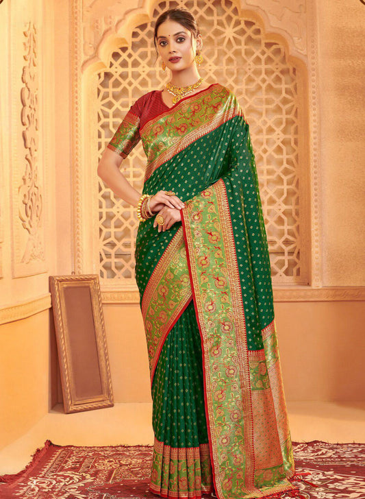 Elegant Green Banarasi Silk Saree Red Blouse Piece Perfect