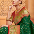 Elegant Green Banarasi Silk Saree Red Blouse Piece Perfect