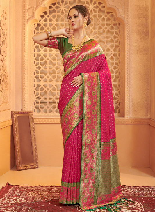 Designer Pink Banarasi Silk Saree  Rich Pallu