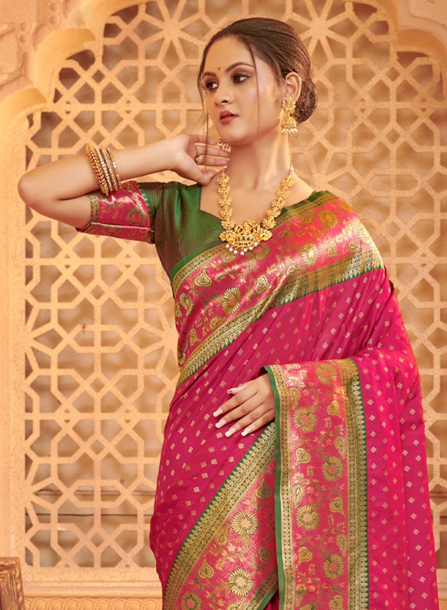 Designer Pink Banarasi Silk Saree  Rich Pallu