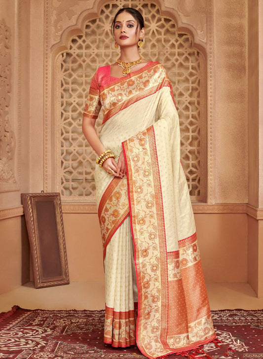 Elegant Cream Banarasi Silk Saree Festive Wear