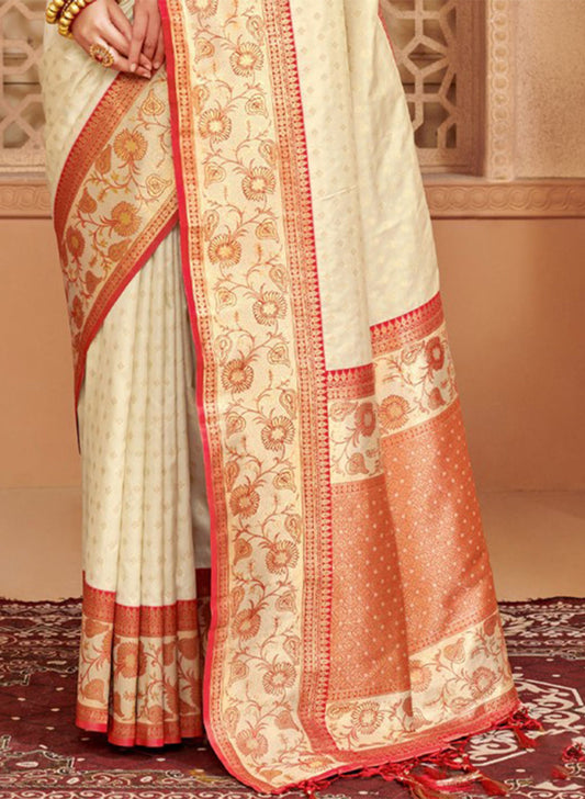 Elegant Cream Banarasi Silk Saree Festive Wear