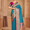 Teal Blue Banarasi Silk Saree Blouse Piece Traditional
