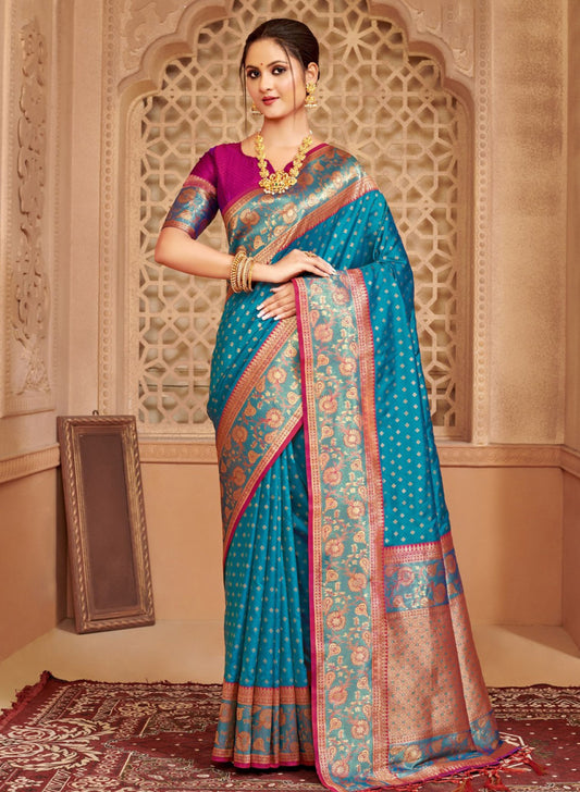Teal Blue Banarasi Silk Saree Blouse Piece Traditional