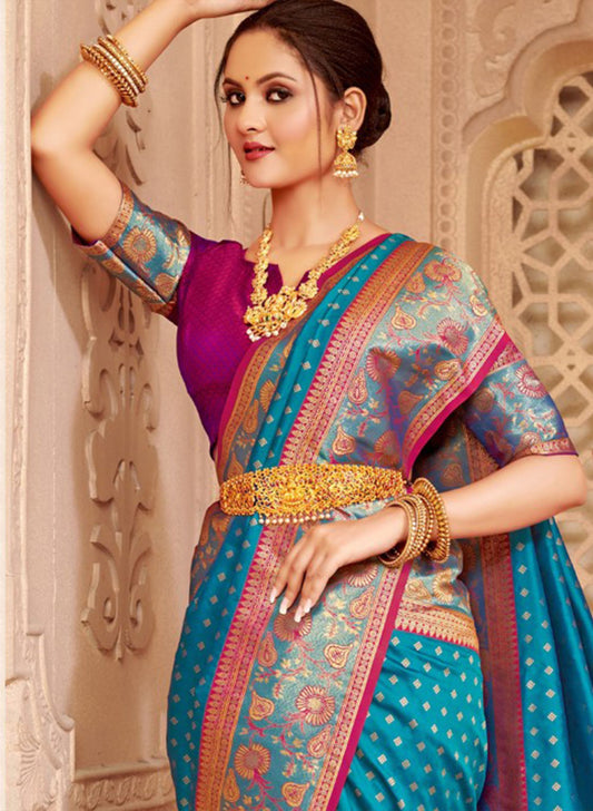 Teal Blue Banarasi Silk Saree Blouse Piece Traditional
